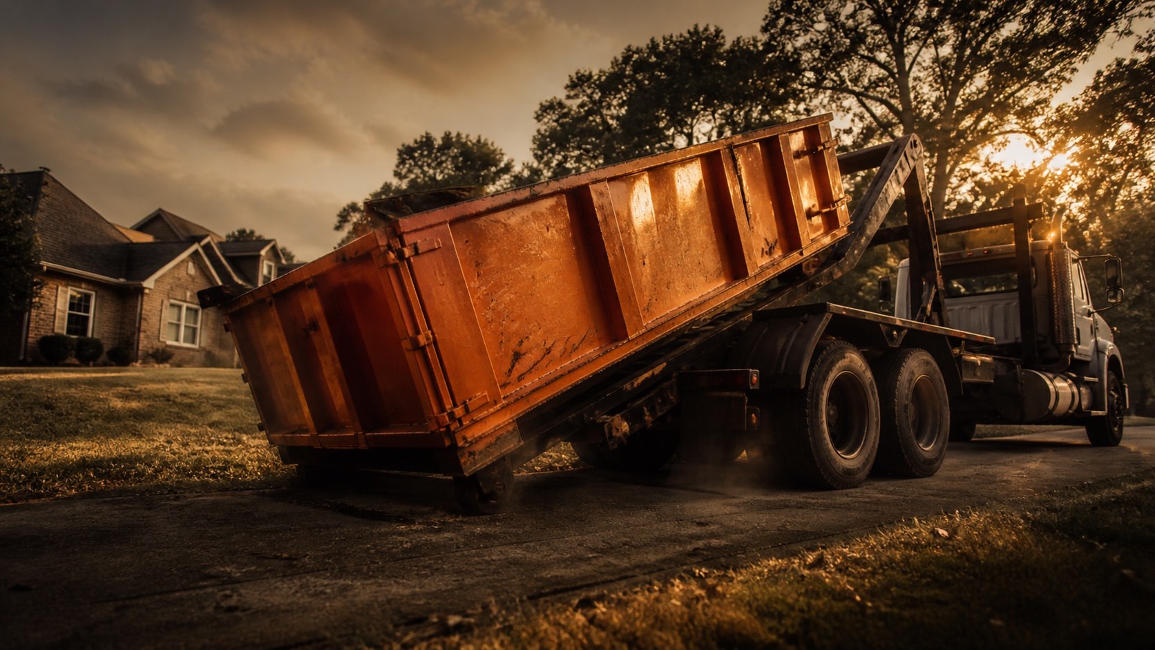A roll-off dumpster being set down beside a home at sunset in North Alabama.